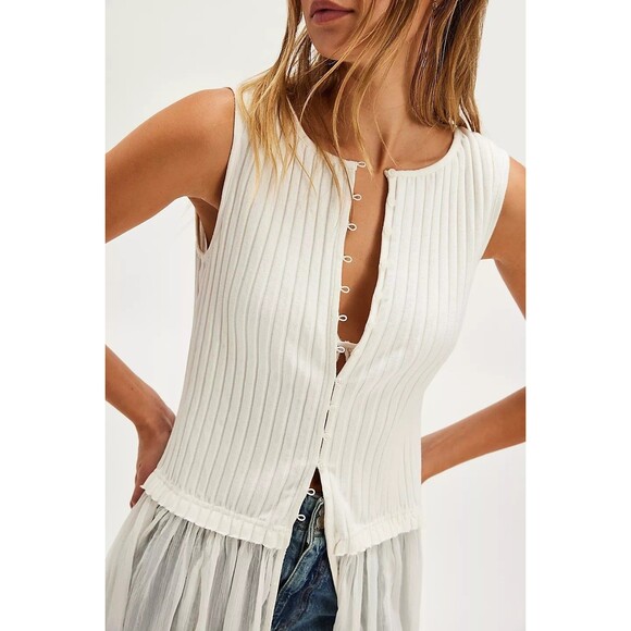 Free People Twice As Nice Maxi Tunic Top Ribbed Buttondown Tank White M 280924 - Picture 2 of 9